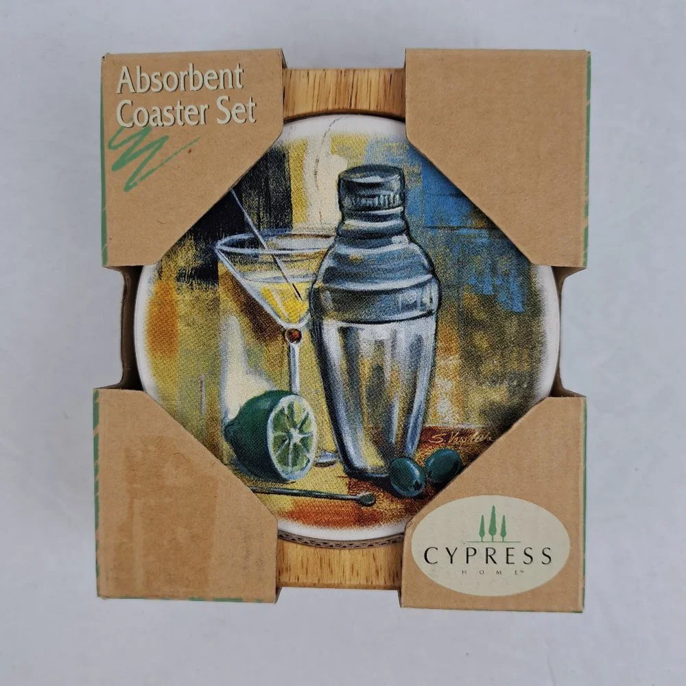 Cypress Absorbent Coasters Happy Hour Martini Design Cork Backing Set Of 4